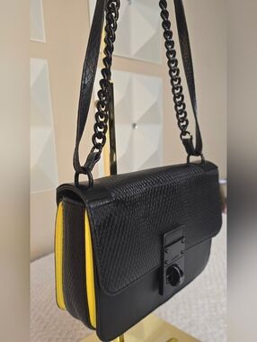 ALDO Black Textured Chain Strap Crossbody Bag | Neon Yellow Accent